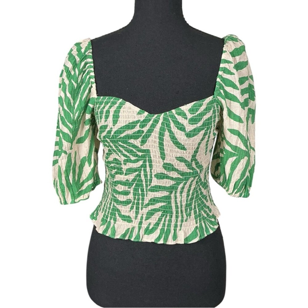 H&M Tropical Leaf Smocked Puff Sleeve Crop Top – Green/Cream – Size Small